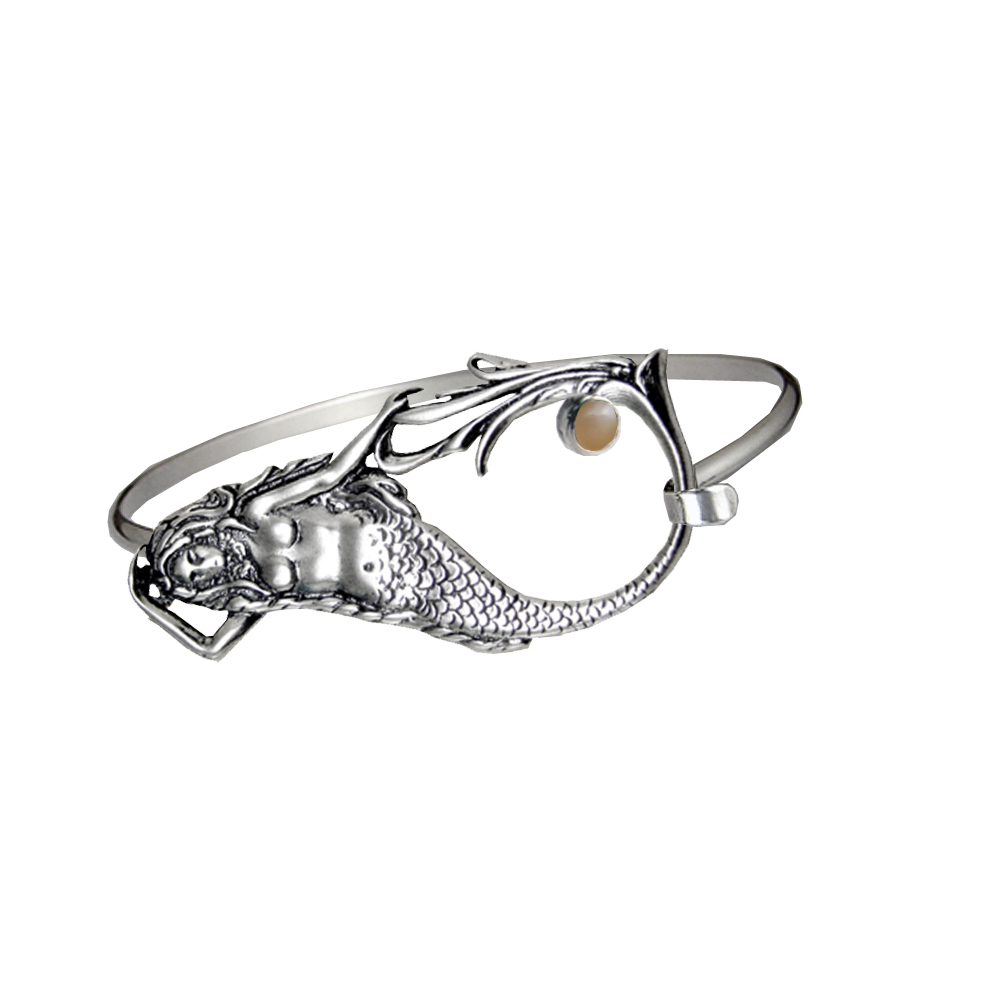 Sterling Silver Mermaid Strap Latch Spring Hook Bangle Bracelet With Peach Moonstone